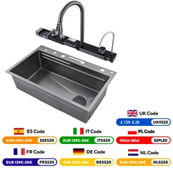 304 Stainless Steel Waterfall Kitchen Sink Large Single Slot Integrated Digital Display Faucet Set Soap Dispenser Cup Washer