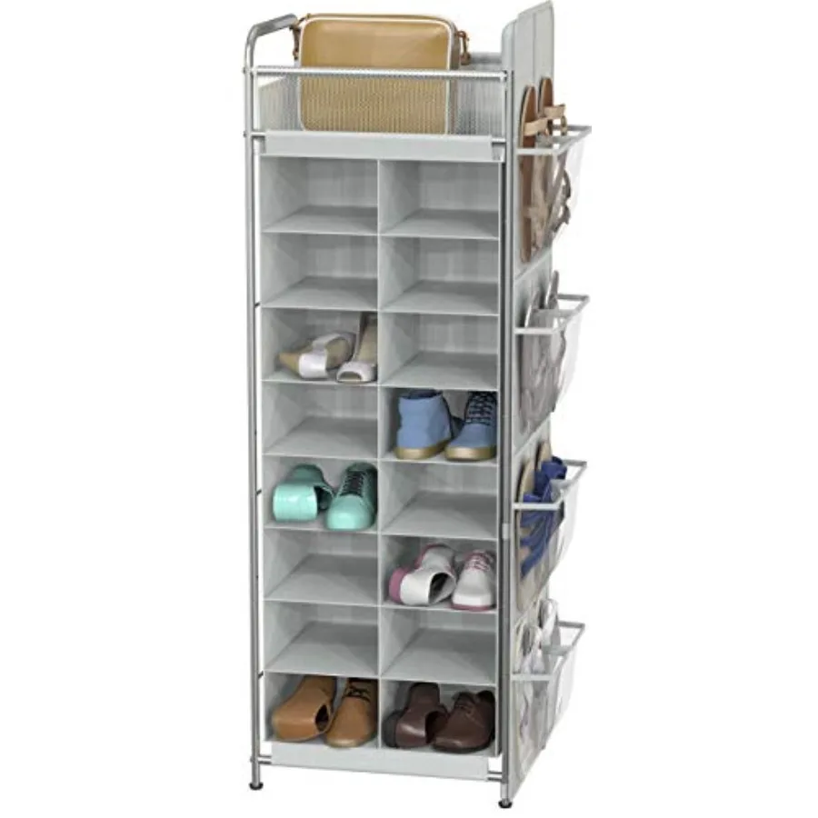 

16 Cube Shoe Stand Tower Rack 8 Tier with Top Shelf and Side Hanging Pockets