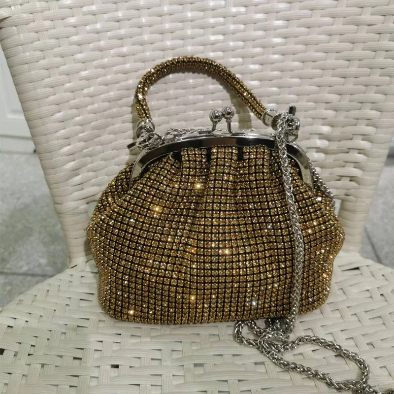 Women's Rhinestone King Clip Banquet Diamond Shoulder Chain Oblique Span Bag Trendy Glitter Material Tote Floral Beaded Tote Bag