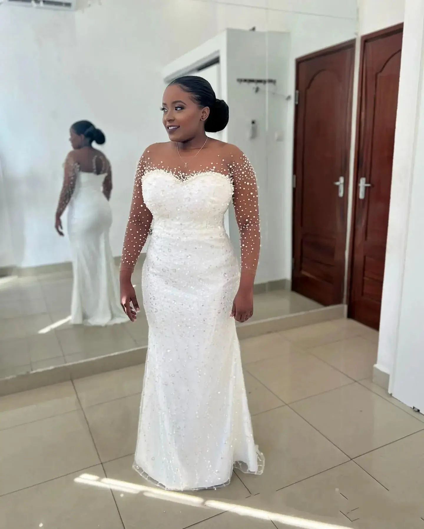 Customized Sheer Neck Sparkly Pearls Beads Mermaid  Wedding Dress Plus Size Open Back  Long Sleeves Detachable Train Bridal Gown