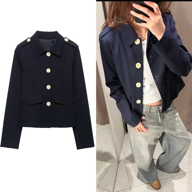 Guobioziy 2026 Fall New Arrival Women's Jacket Navy Blue Long-Sleeve Button-Decorated Simple Blazer Casual Fashion Commuter