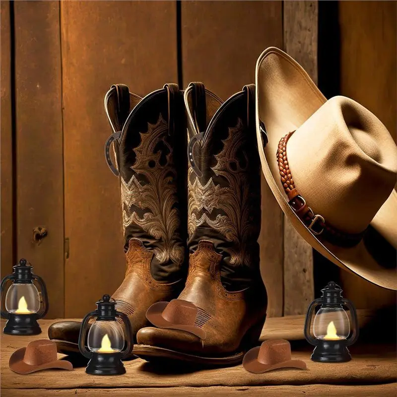 【كفاءة 】زينة حفلات رعاة البقر 36 قطعة ديكور فانوس غربي صغير 12 فانوس مع شمعة 12 حدوة حصان معلقة 12 قبعة رعاة البقر #5