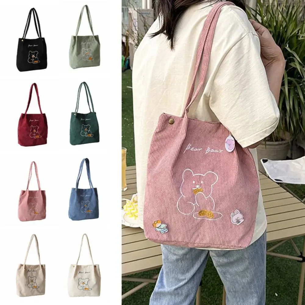 

Casual Kawaii Corduroy Women's Bag Foldable Reusable Women Shoulder Bag Bear Embroidered Lightweight Shopping Handbag Outdoor
