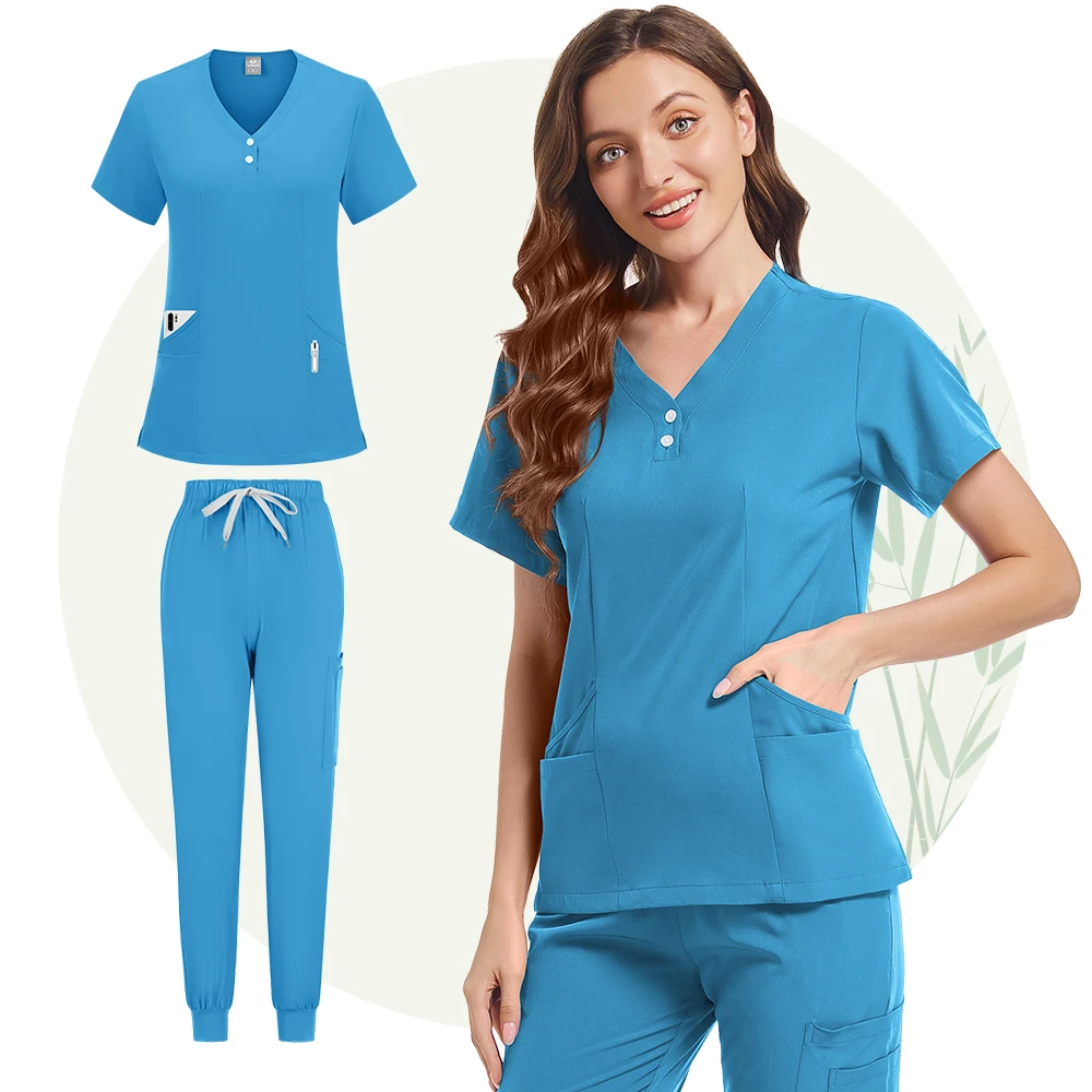 Uniform set Short-sleeved scrubbed top and pocket pants Medical nurse uniform Doctor surgical overalls Spa coat Beauty salon