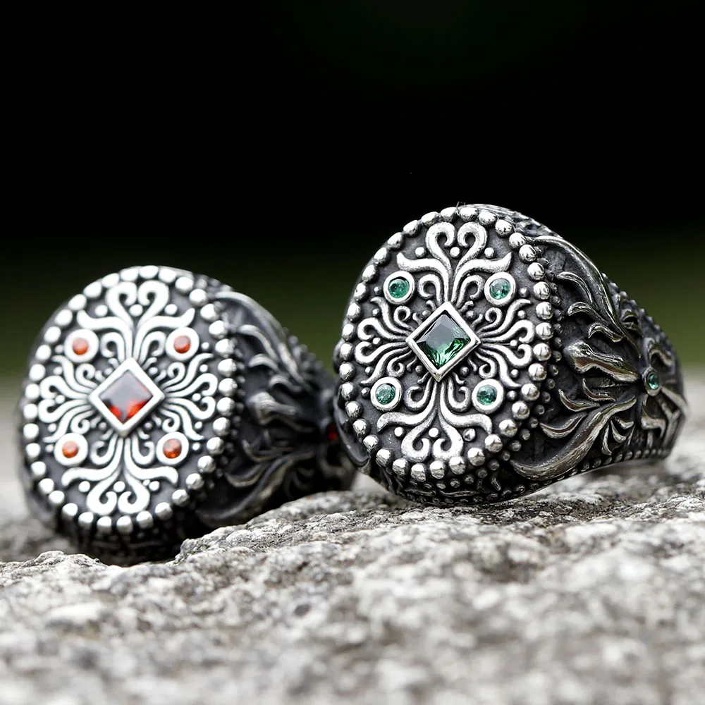 2022 New Unique Design Stainless Steel Turkish Stone Ring Vintage Pattern Men\'s Ring Retro National Style Jewelry Gift