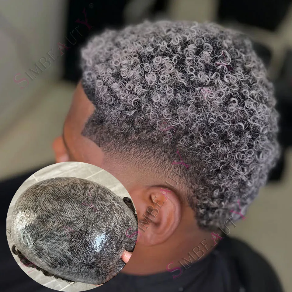 الأفرو رجل 1b80 رمادي أسود مجعد 12 مللي متر تصفيفة الشعر المستعار شعر الإنسان دائم الجلد الرجال الشعرية الاصطناعية نظام شعري طبيعي #1