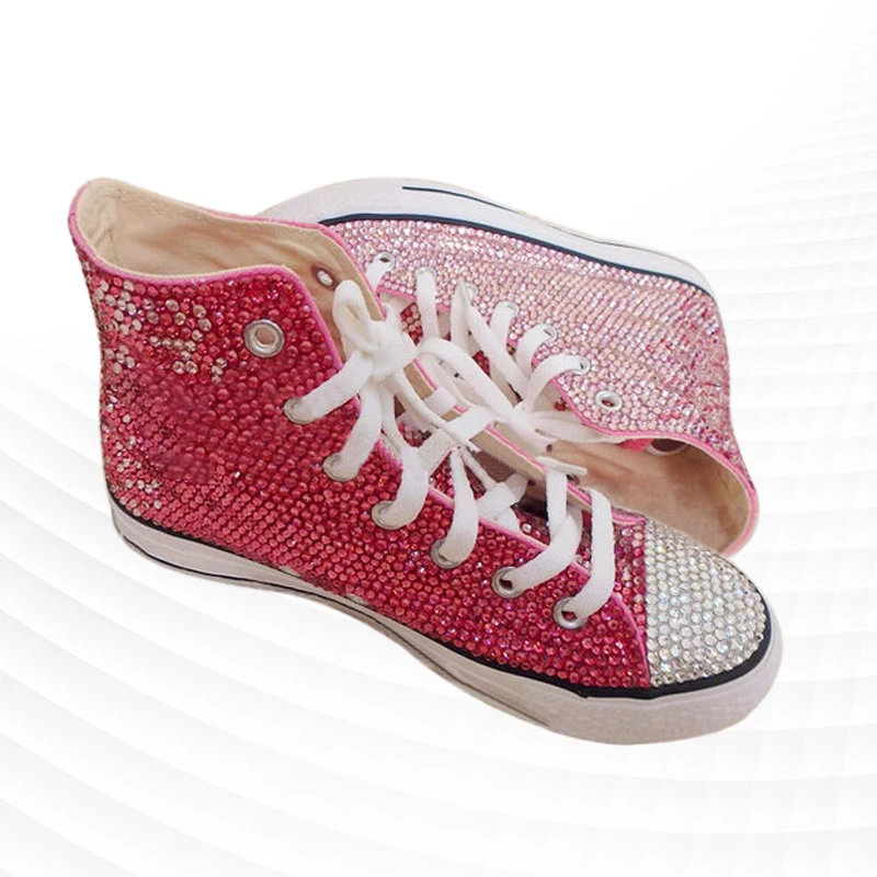 Zapatos de lona de boda de fiesta de diamantes de alta calidad rosa de industria pesada hechos a mano con cordones personalizados zapatos de mujer de gran tamaño 35-46