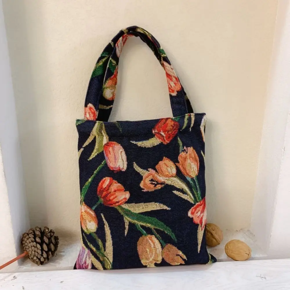 Vintage Flower Clutch Purse Household Tulip Flower Printed Vintage Shoulder Bags Portable Handle Retro Flower Handbag Holiday