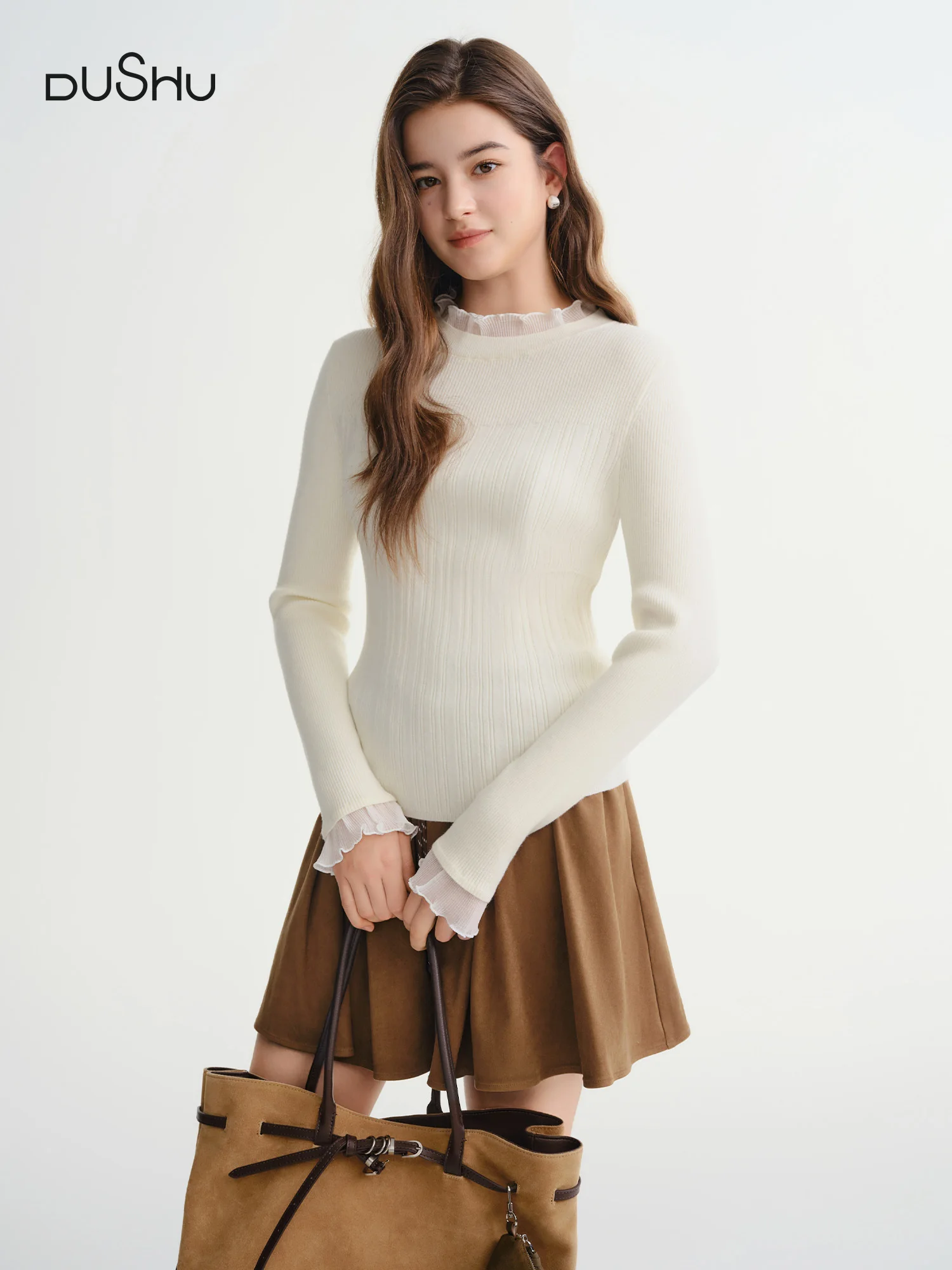 DUSHU Plus Size Women's Lace Ruffle Collar Slim Fit Knitted Top 2025 Winter Semi Turtleneck Base Layer Shirt for Daily Wear