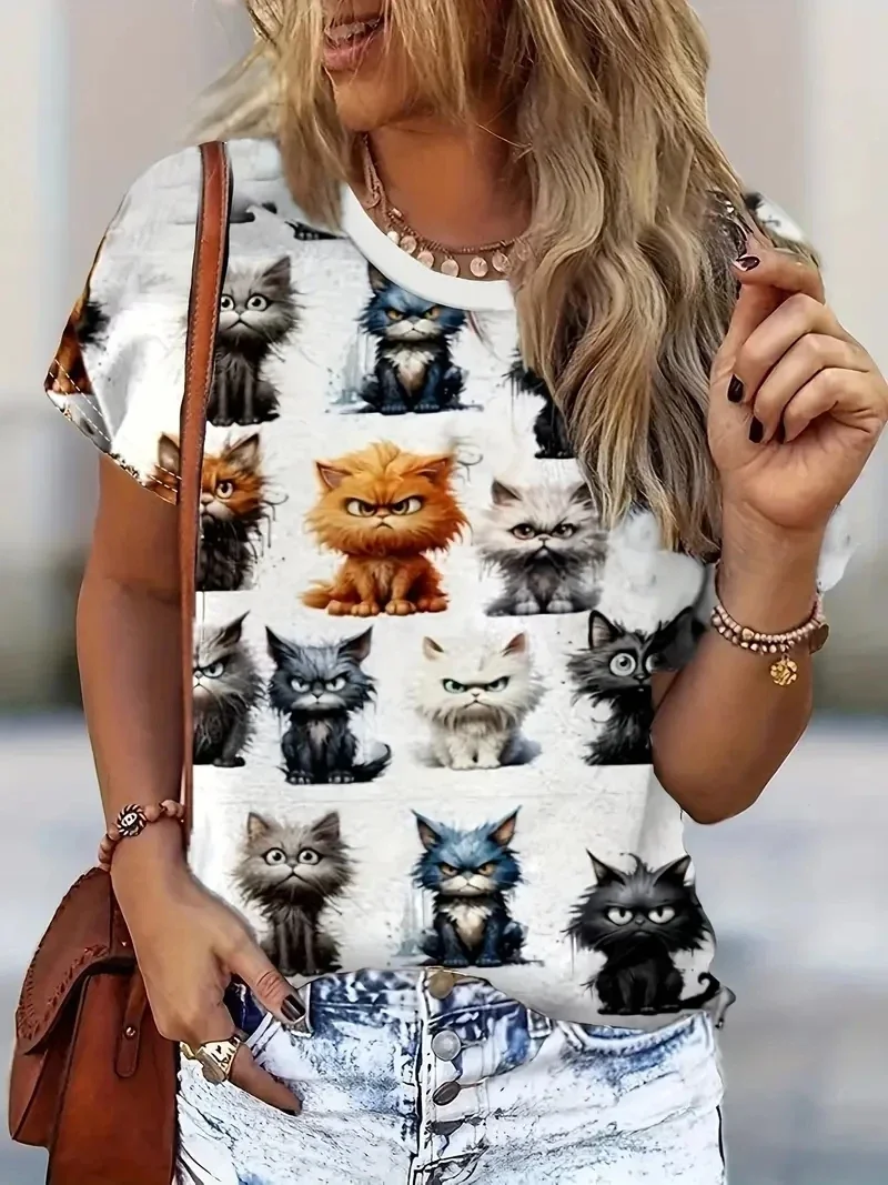 Camiseta de manga corta con estampado 3D de gato animal para mujer, ropa de calle para niña bonita, jersey de gran tamaño para mujer