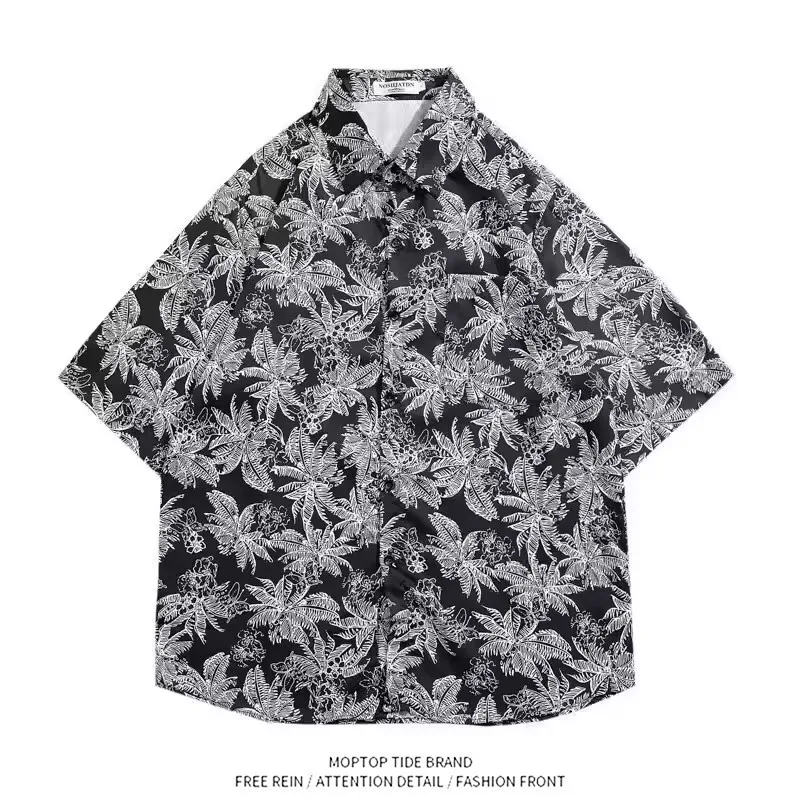 

Italian Brand Men's Casual Loose Fit Short Sleeve Pure Cotton Shirt Tropical Plant Print Splicing Autumn Fashion Youth