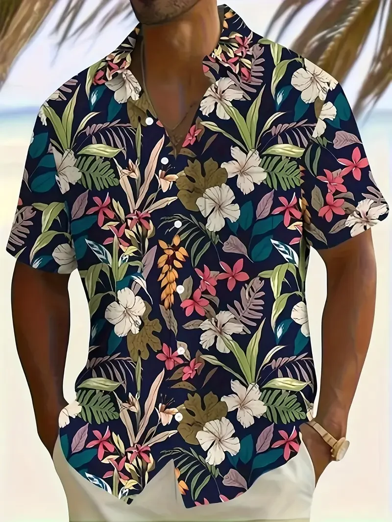 

Hawaiian Shirts Botanical Flower Print Summer Beach Vacation Shirts Short Sleeve Shirt Casual Shirt For Men Short-Sleeve T-Shirt