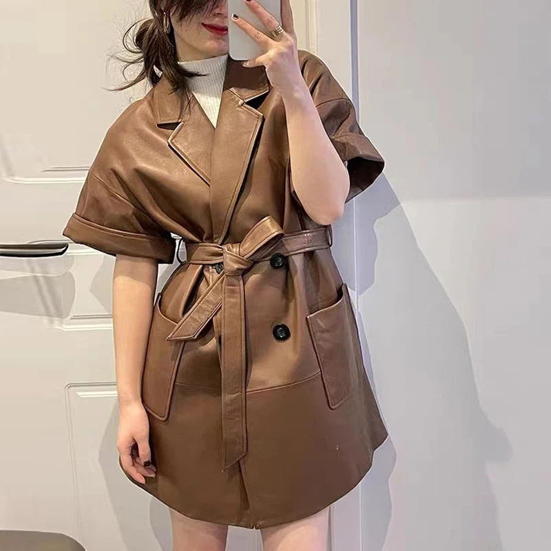 Trench mi-long en peau de mouton pour femme, niveau A, Double boutonnage, manches courtes, à lacets, en cuir véritable, importé, automne