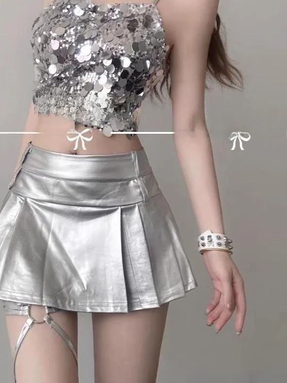Fashionable Silver Top DJ Lead Bar Performance Costume Women's Chic Sexy Set Stage Outfit Jazz Dance Trendy Ensemble