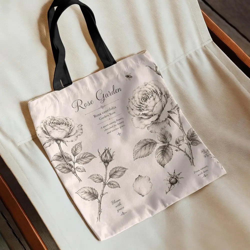 Antique Pencil Drawing Garden Bloom Art Storage Bags Canvas Tote Bag Women Large Capacity Reusable Eco Shopping Shoulder Handbag