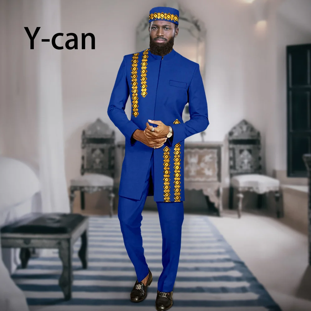 

African Suits for Men Ethnic Style Embroidery Jacket and Trousers Match Caps Outfits Party Wedding Bazin Rich Attire A2316069