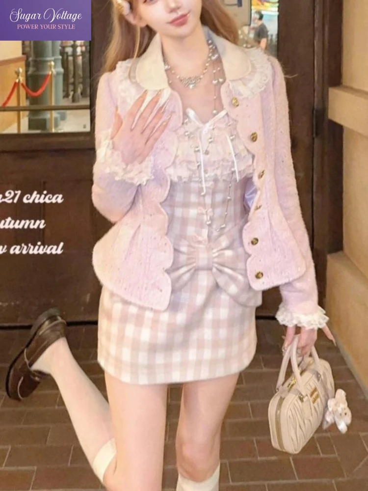 

French Luxury Elegant 2 Piece Set Women Slim Long Sleeve Tweed Short Jacket + Plaid Bowknot Lace-Trim Dress Sweet Chic Outfit
