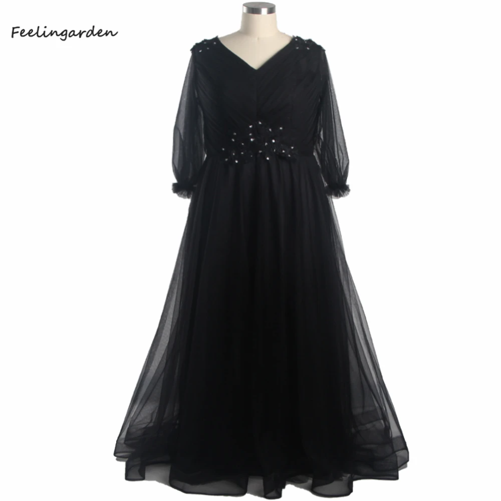 

Evening Dresses Black Tulle Beading Appliques V-neck Full Sleeves Zipper Back A-line Floor Length Plus size Party Dress A1623