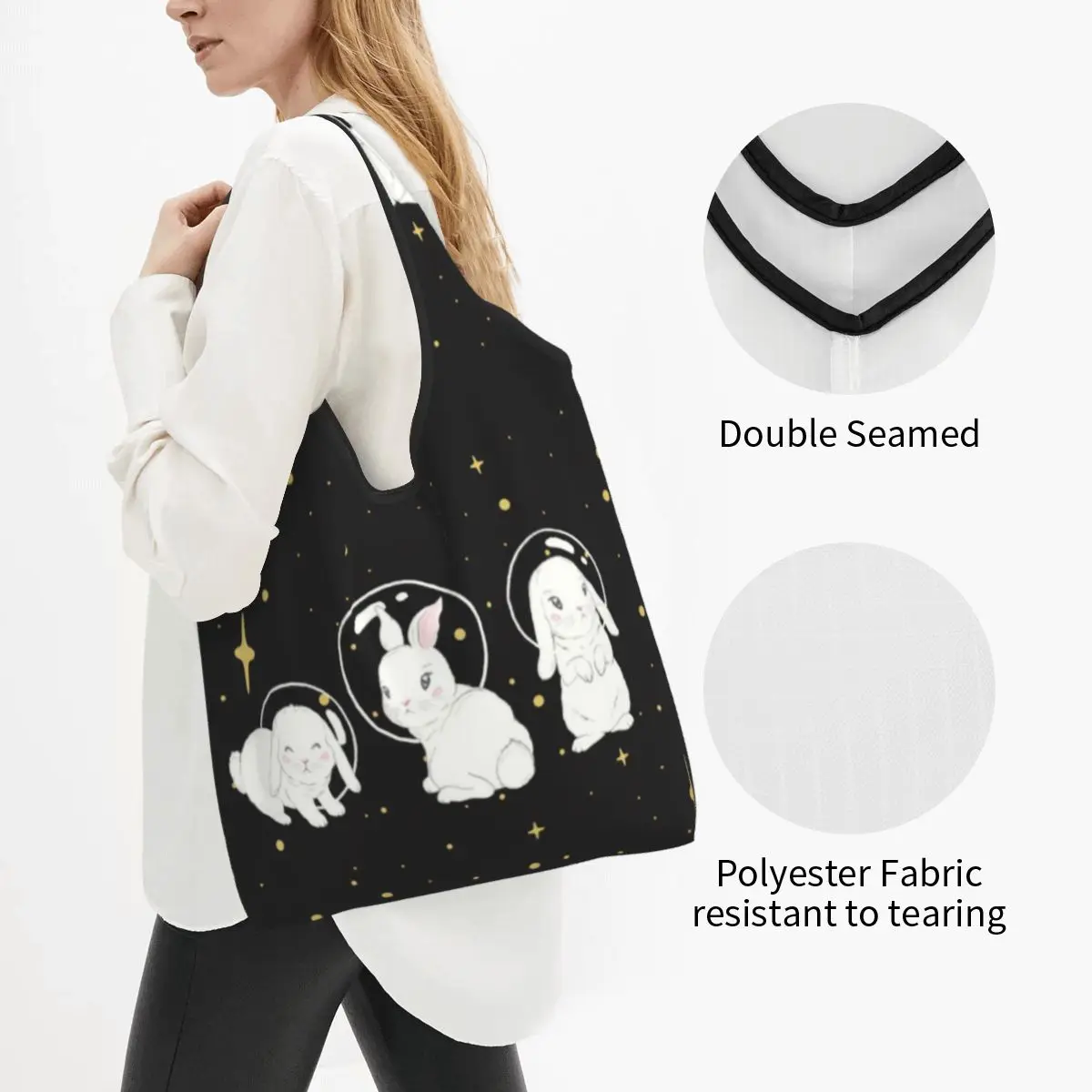 Fashion Print Cute Space Little Bunny Tote Shopping Bags borsa a tracolla portatile per coniglio Shopper