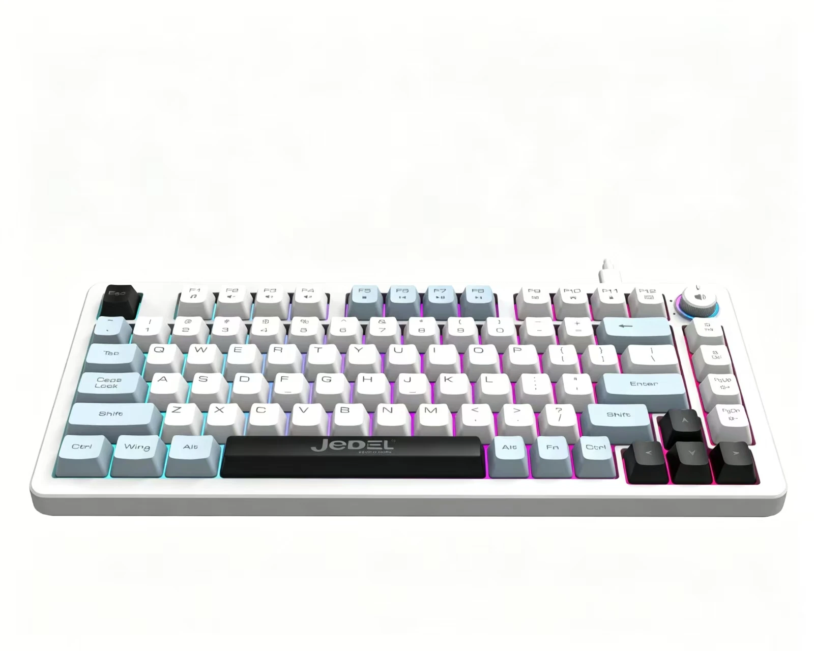 75% Wired Membrane Keyboard 3‑Color ABS Keycaps Rainbow Lighting with Knob Control Type‑C Cable
