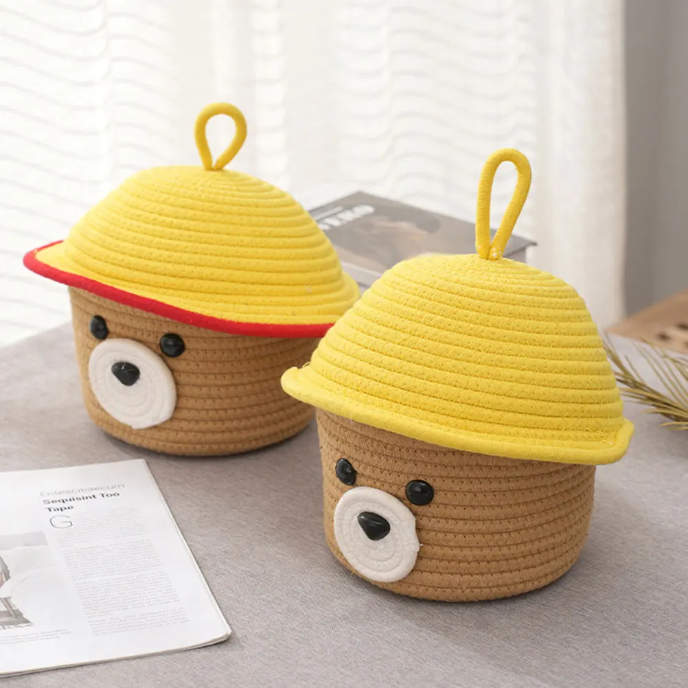 

Adorable Bear Design Cotton Rope Basket with Lid Weaving Storage Container for Nursery Home Office Desktop Organization