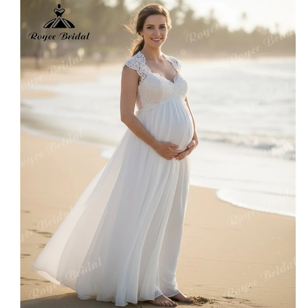 Cap Sleeve Crochet Lace Maternity Wedding Dress Deep V Cross Lace Up Back Loose Flow Chiffon A Line Vestido De Novia Customized