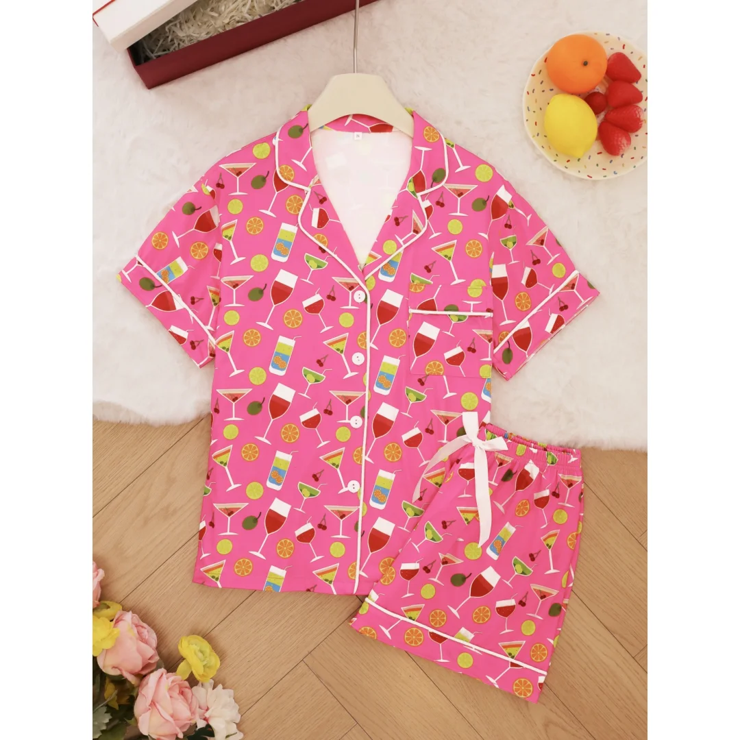 

Cute Glass Print Pajamas Pink Lapel Short Sleeve Shorts Loungewear Home Wear Set Sleepwear Valentine's Day Gifts for Women