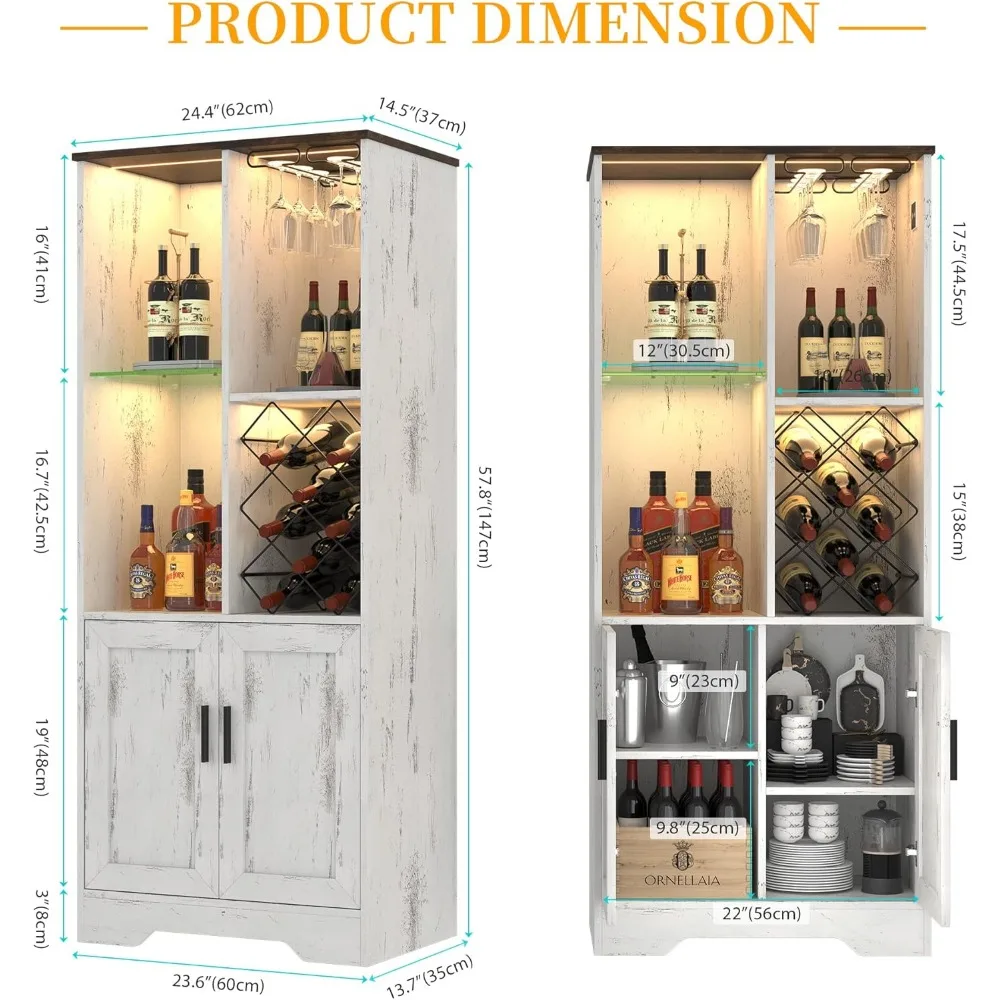 Wine Cabinet, Wine Bar Cabinet with LED Lights, Liquor Cabinet with Glass Holder Wine Rack, Farmhouse Modern Liquor Cabinet with