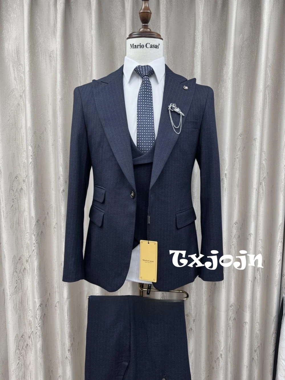 

Формальный синий мужской костюм в полоску, комплект из трех предметов, офисный наряд, классические костюмы с пиковыми лацканами и длинными рукавами для деловой вечеринки, смокинг S-3XL