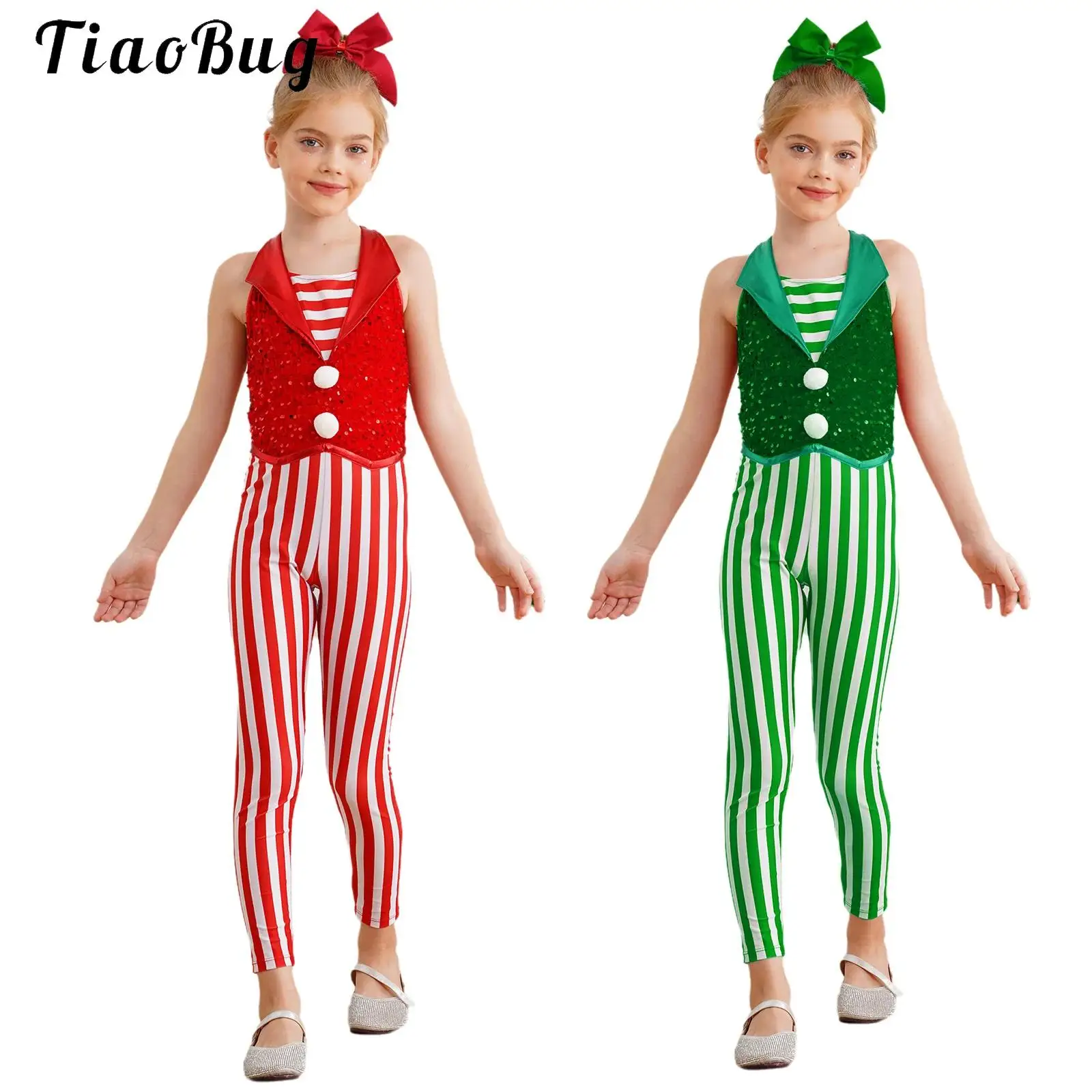 

Girls Sleeveless Leotard Ballet Gymnastics Leotards for Christmas Candy Cane Striped Sequin Jumpsuit Full Bodysuit Dance Costume