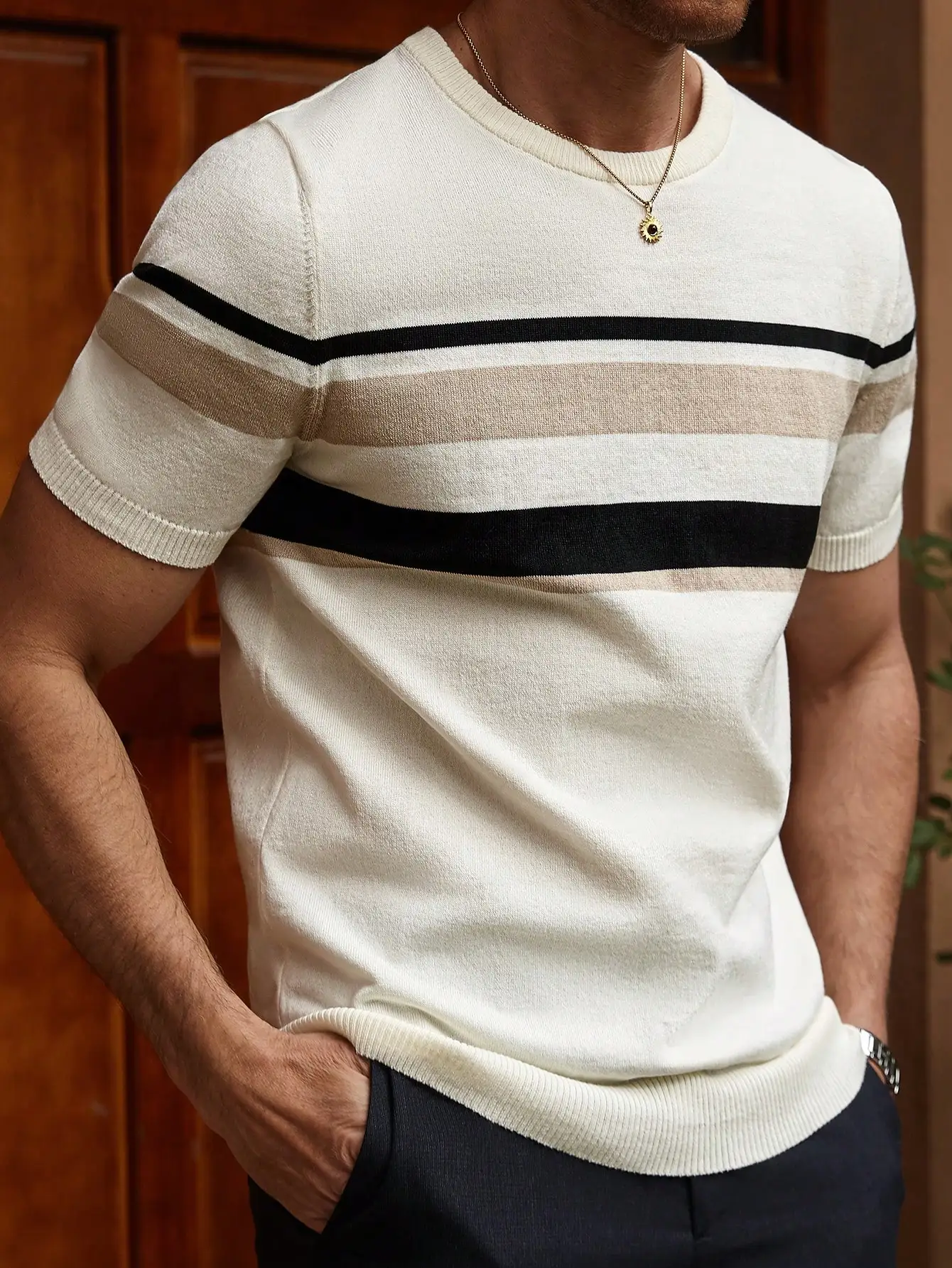 

Men's Crew Neck Short Sleeve Striped Knit Pullover - Cream Beige Black