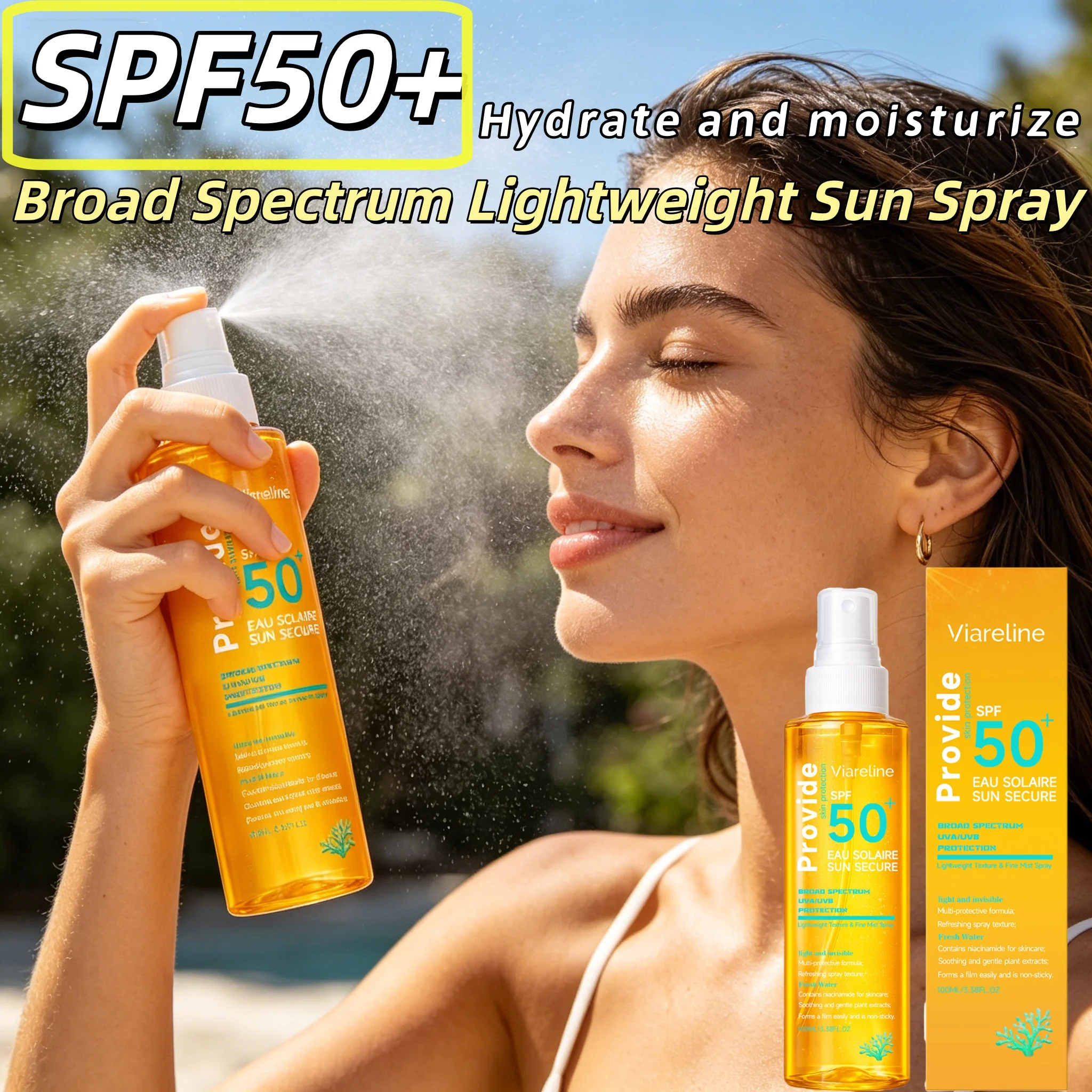 Hydrating  Invisible Sunscreen Spray SPF 50+ Clear Face Body Mist Micro-Fine Uniform Spray Nozzle Waterproof Sweat-Resistant Quick-Drying Refreshing Non-Greasy Zero White Cast Alcohol-Free Dryness And Tightness Caused By Air Conditioning For Outdoor Beach