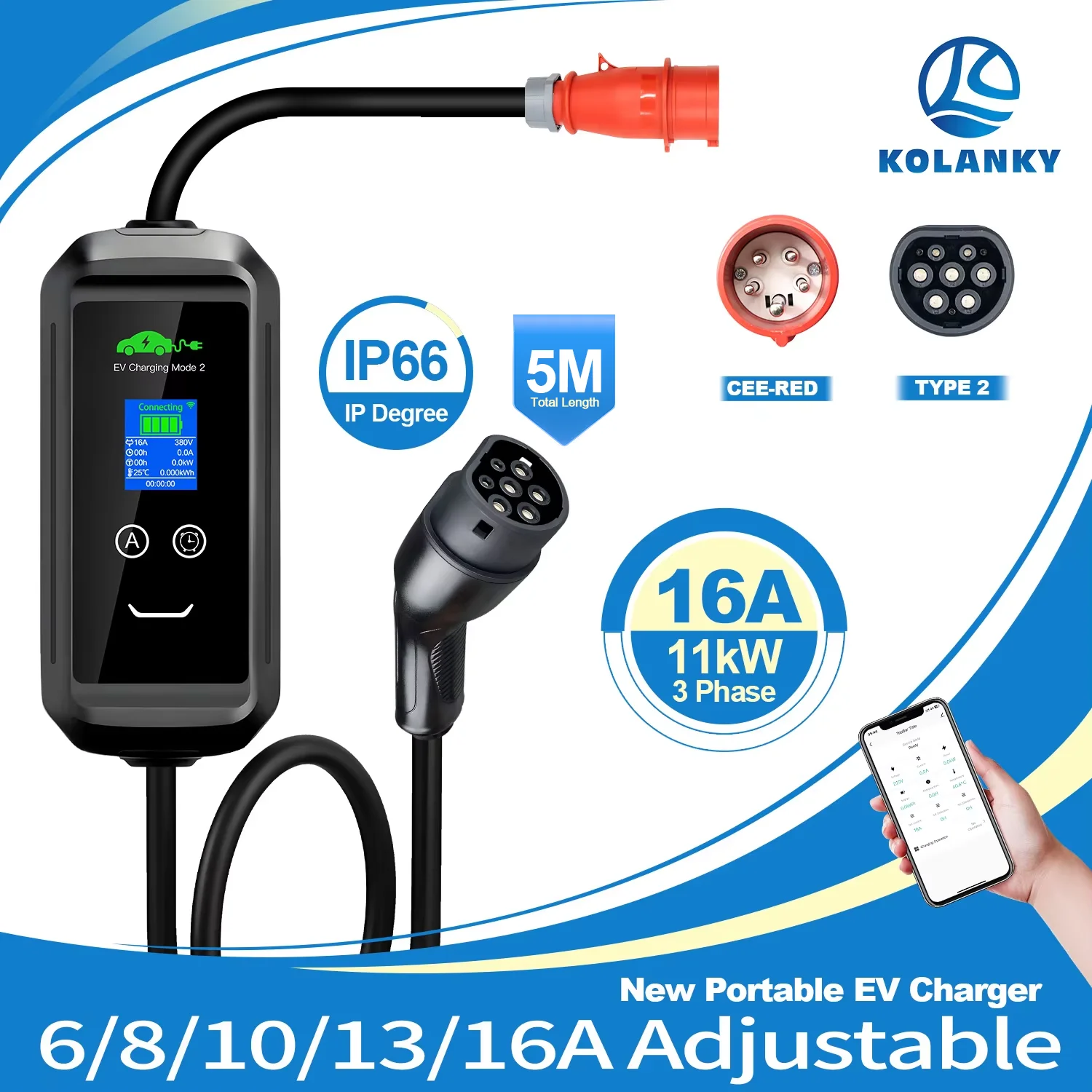 Kolanky 11kw Electric Vehicle Charger 16A 3P Portable EV Charger Type 2 with Cee Red Power Pulg App Control Total 5m Home Use