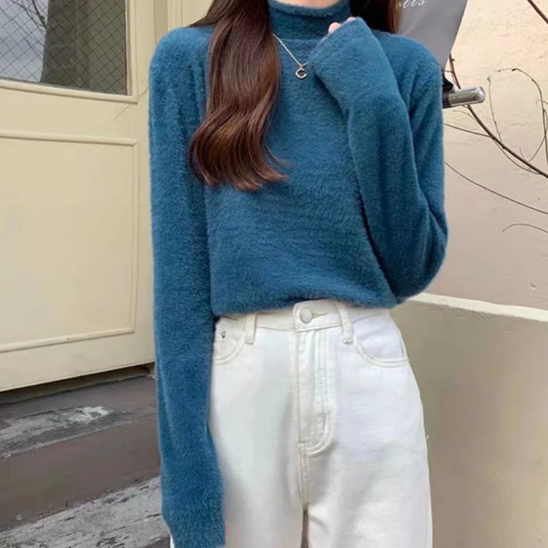 Solid Color Half Turtleneck Casual Basic Tops Women Velvet Knitted Sweater