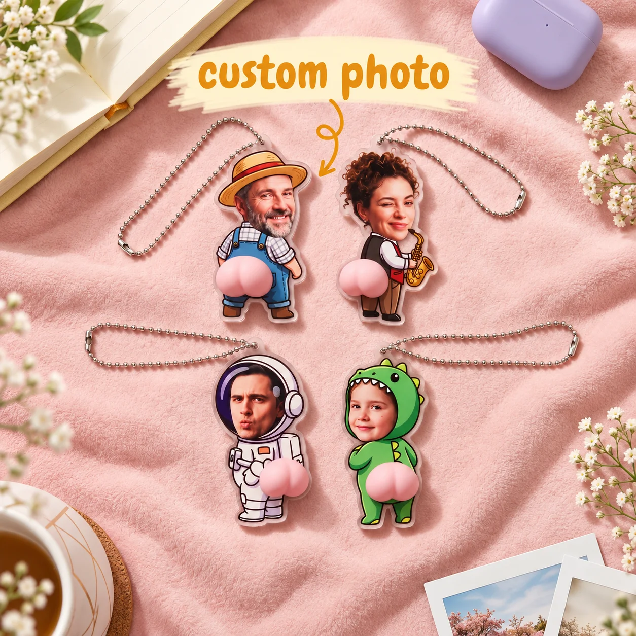 Custom Photo Keychain 3D Squishy Butt Charm Personalized Acrylic Photo Keyring Funny Stress Relief Bag Pendant Gift