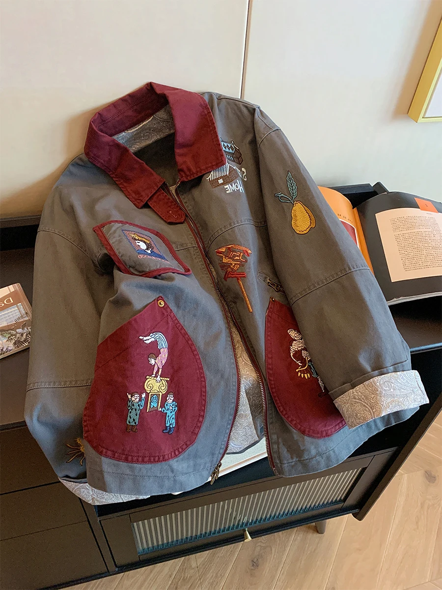 

Американская свободная рабочая куртка для женщин, весенне-осенняя, с цветными блоками, воротником, молнией, мультяшным принтом, в стиле хип-хоп, коллекция Colion