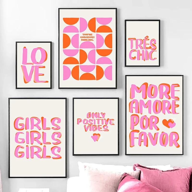 Nordic Only Positive Vibes Girls Pink Inspirational Quote Posters Prints Canvas Painting Abstract Wall Art For Room Home decor