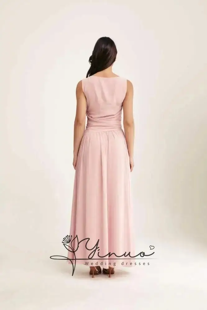 Customized  Neck Prom Dress with Bow Tie Detail Pink Chiffon Maxi Dresses Ruched A Line Wedding Guest Outfit