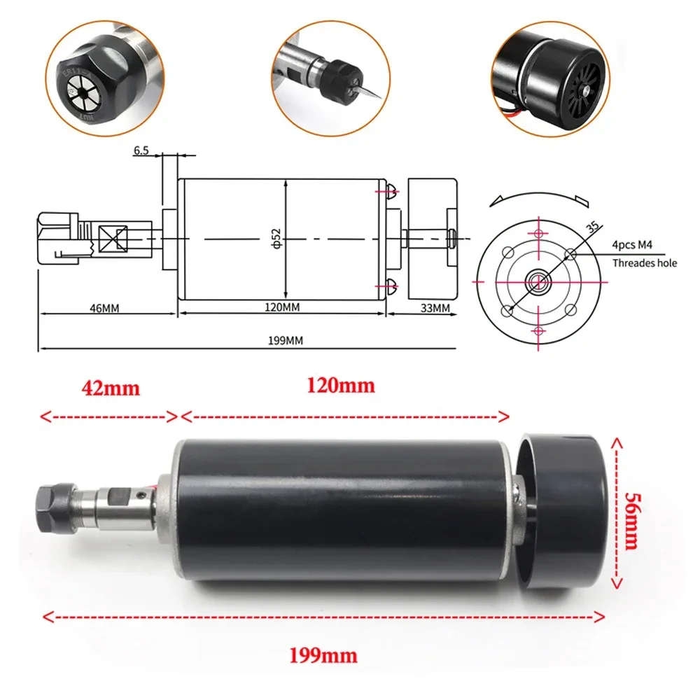 500W Air Cooled Spindle Motor 12000RPM ER11 Chuck Spindle 52mm Diameter 100VDC Motor for CNC Milling Machine Engraving Maching