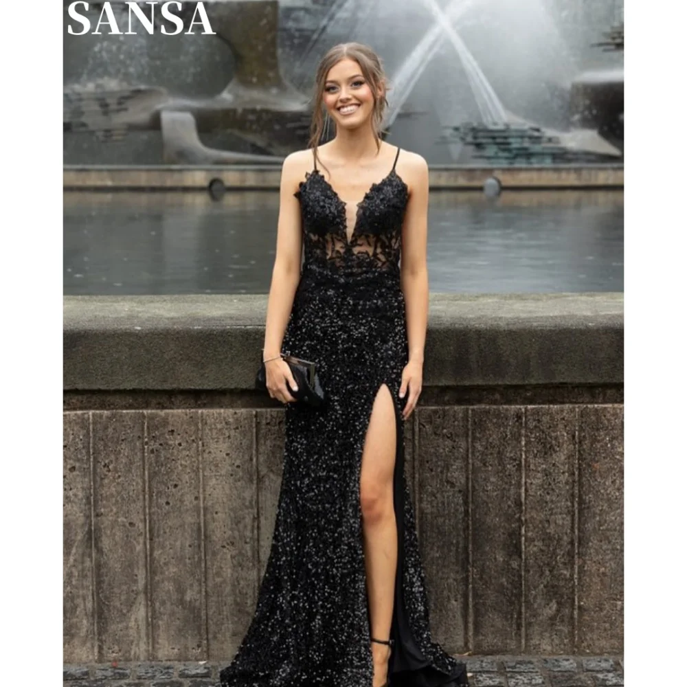

Sansa Exquisite A-line Sequin Evening Dress Customized V Neck Floor-Length Wedding Dress Spaghetti Strap Vestidos De Fiesta 2024