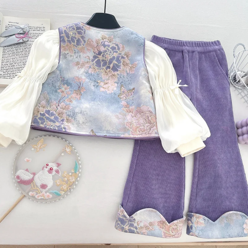 

Girls' Chinese Style Long Pants Set for Autumn2025New Chinese Style Vest Base Shirt Flared Pants Three-Piece Set Trendy