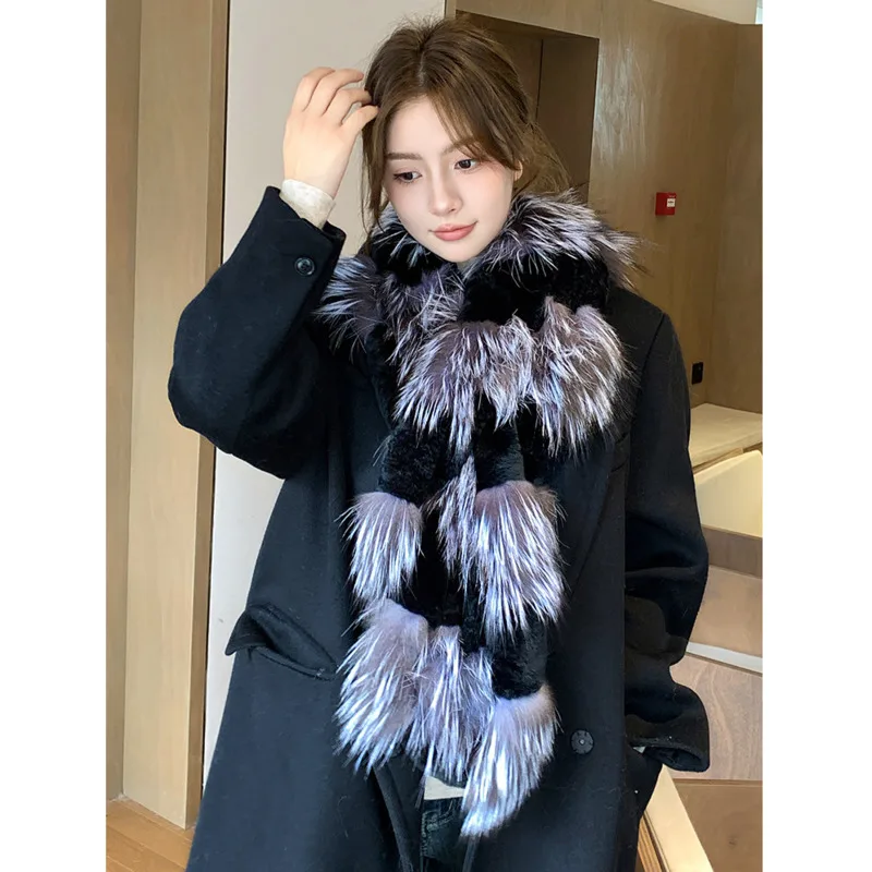 Winter Rex Rabbit Fur Scarf Long Double-sided Thickened Fur Scarf Warm Fox Fur Neck Warmer Shawl For Women Natural Fur Scarves