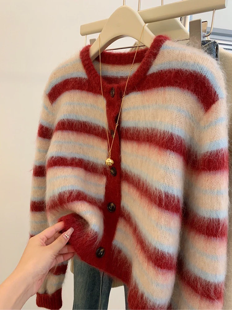 Autumn Winter New Sweet Red Striped Mohair Knitting Cardigan For Women Fashion Round Collar Single Breasted Sweater Coats