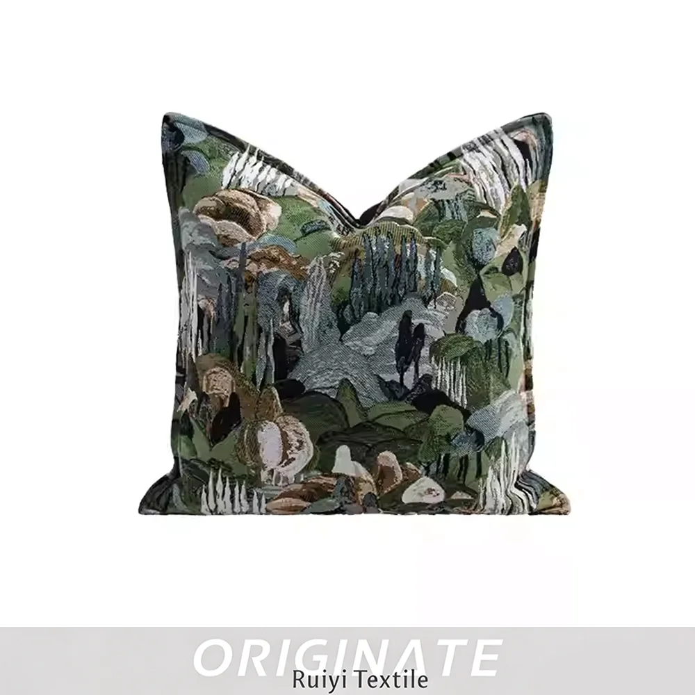 RUIYI French Retro Green Cushion Cover Monet Forest Pattern Artistic Yarn-dyed Jacquard Throw Pillow Case 45x45 For Bedroom Sofa