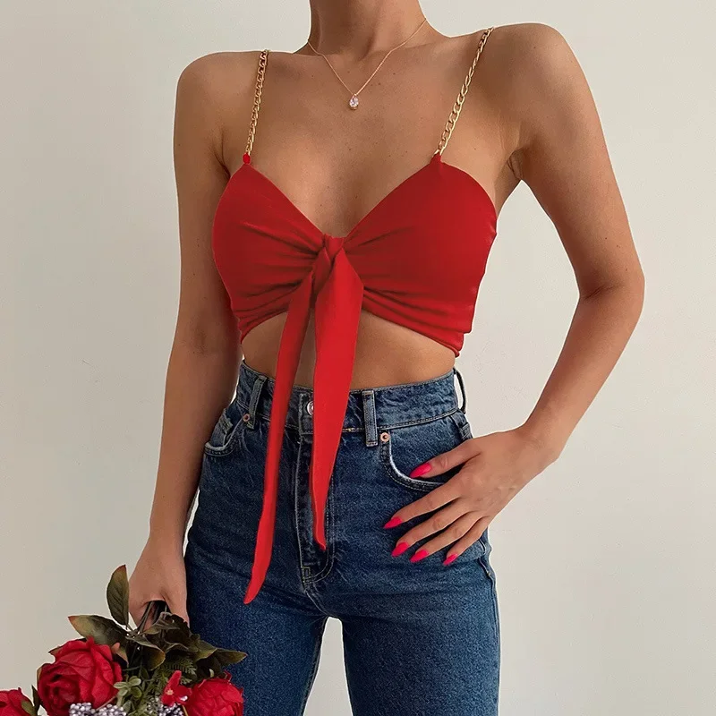 

Sexy Tank Top Wrap Deep V Neck Metal Chain Shoulder Strap Halter Crop Tops Women Bow Bandage Bare Midriff Camisole Cropped Vest