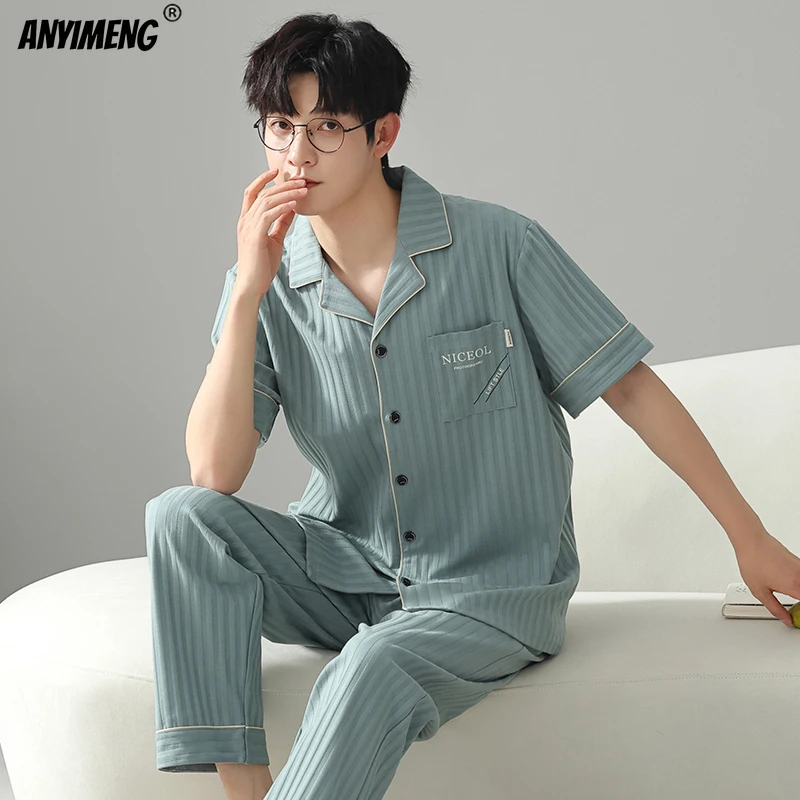 Spring Autumn Men Cotton Pajamas Soft Short Sleeves Long Pants Pajama Big Size L-3XL Man Sleepwear Soft Lapel Loungewar