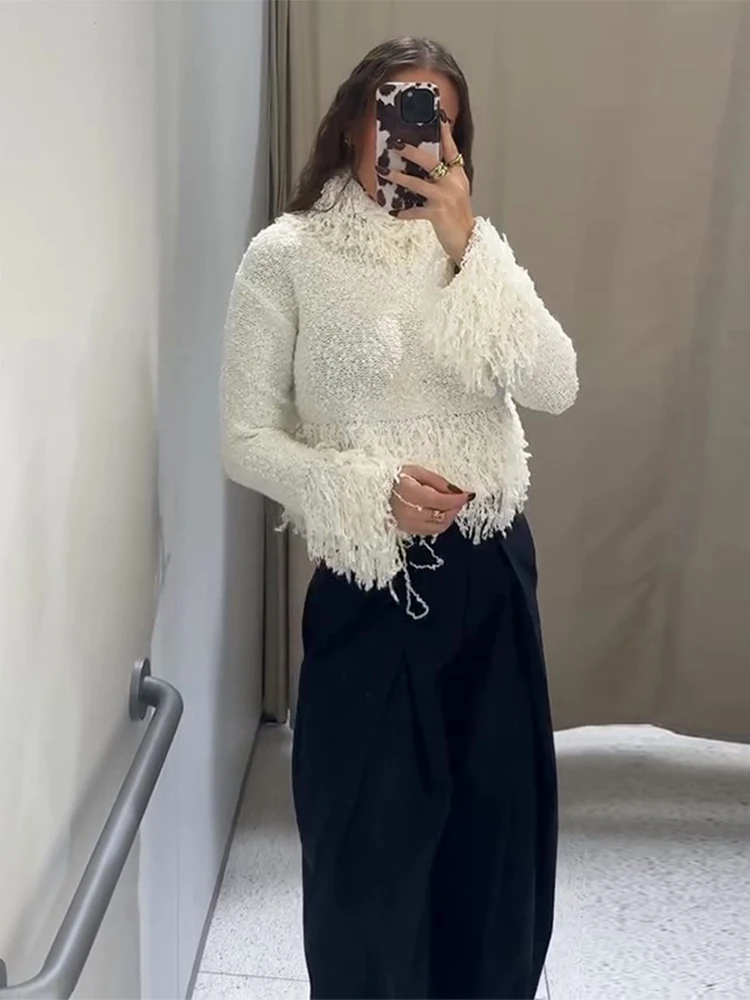 Chic Tassel Patchwork Knitted Sweater Women's Long Sleeve Round Collar Tops 2025 Autumn Winter New Y2K Lady Streetwear