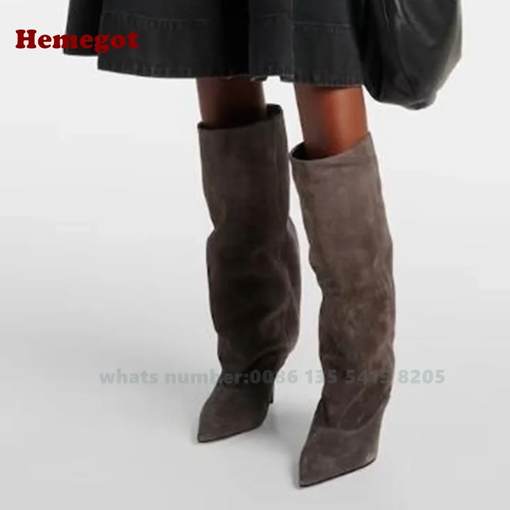 Pointed Toe Pleated Knee High Boots Kitten Heels Women\'s Long Boots Winter Grey Casual Shoes Suede Leather Plus Size New Des