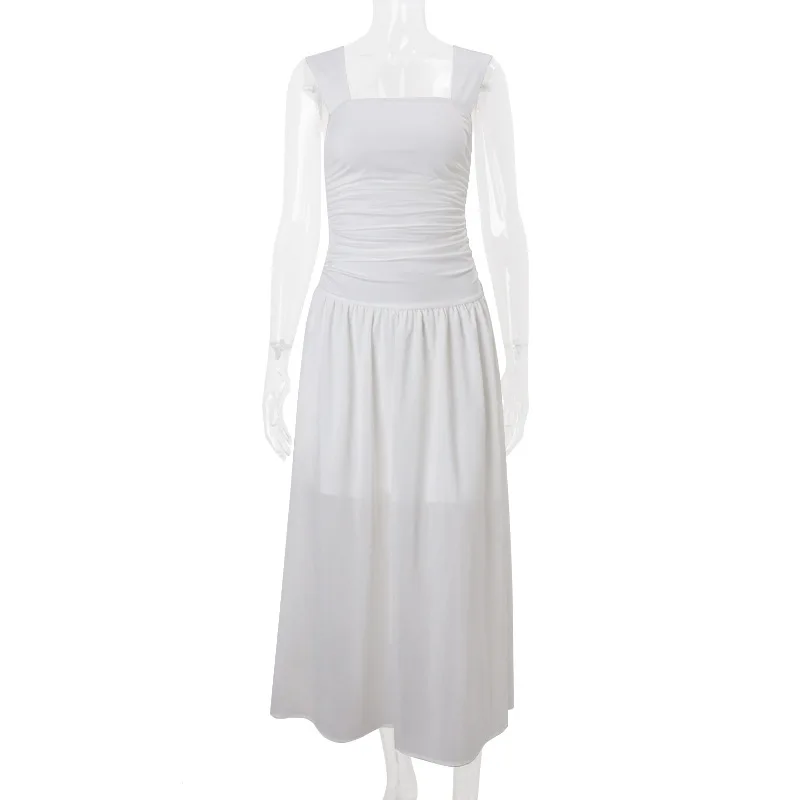 Y2k alça larga panele chiffon reunir maxi vestido dobras formal verão vintage tanque vestido preto feminino festa clubwear longo robe