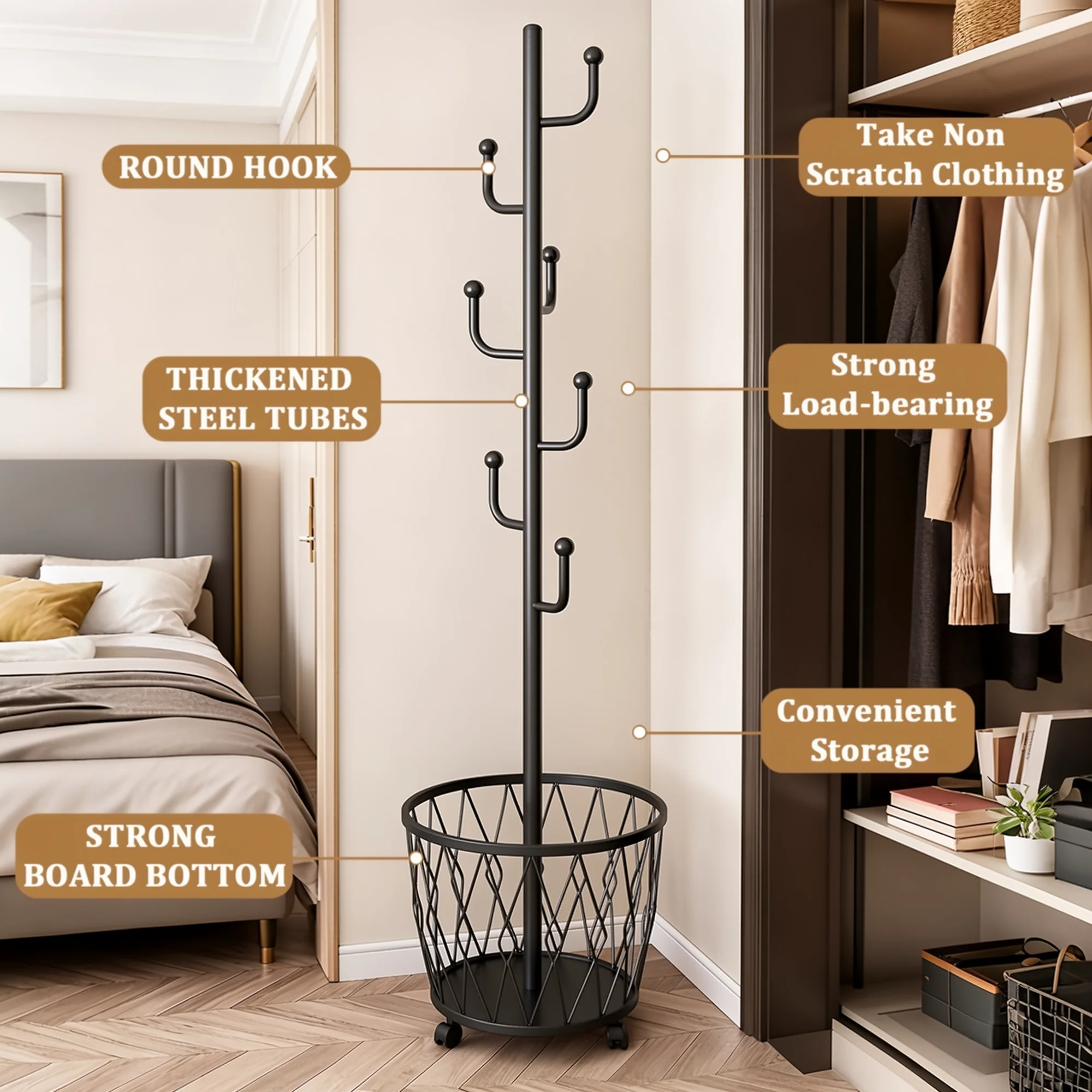2-in-1 Heavy-Duty Freestanding Rolling Coat Rack with Storage Basket- Mobile Garment Hanger